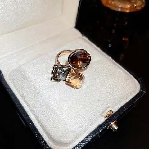 Geometric Open Ring Copper Real Gold Plated Colorful Zircon Multi Shape Gemstones Retro Vintage Style Women Accessory