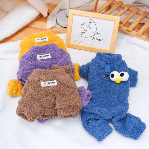 Dog Jumpsuit Lamb Fleece Warm Pet Clothes For Small Dogs Cats Puppy Kitten Soft Plush With D-Ring Leash Cartoon Big Eyes