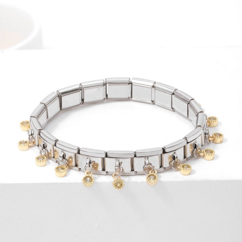 Italian Charm Bracelet Link Stainless Steel Square Zircon Pendant Gold Border Modular DIY Jewelry Accessory Elegant Fashion