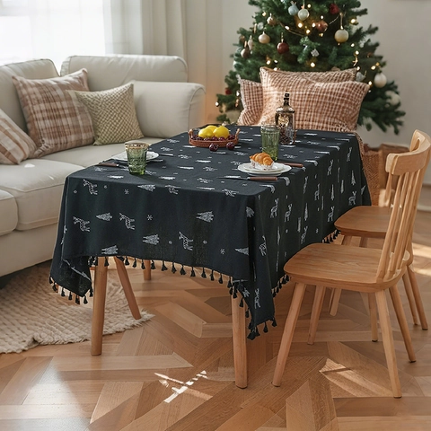 Nappe De Noël Renne Lin Coton Brodé Renne Arbre Glands Rectangulaire Décoration De Table De Fête De Vacances