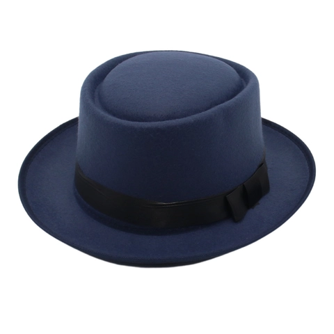 Vintage Wool Felt Pork Pie Hat With Ribbon Bow Elegant British Style Round Top Short Brim Fedora For Men Women