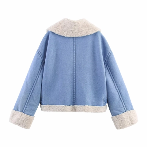 Dames Denim Jas Sherpa Gevoerd Lamswol Imitatie Warm Dik Rits Lange Mouwen Lichtblauw Casual Bovenkleding