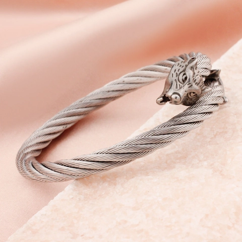 Heren Hip Hop Roestvrij Staal Wolfskop Open Armring Getwist Staaldraad Bangle Punk Vintage Dieren Sieraden Accessoires