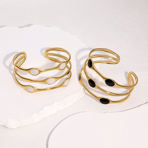Bracciale Rigido Aperto Multistrato Acciaio Inossidabile Placcato Oro 18K Smalto Geometrico Ovale Gioielli Lusso Da Donna
