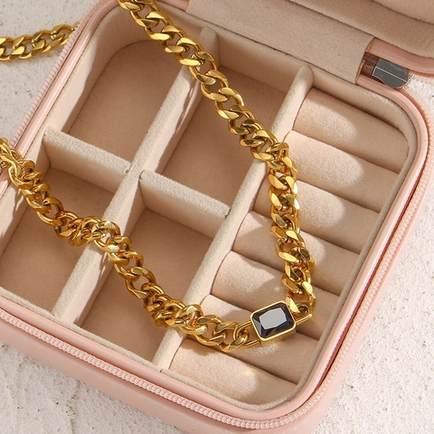 Vintage Stainless Steel 18K Gold Plated Cuban Link Chain Necklace With Square Zirconia Pendant For Women Fashion Jewelry