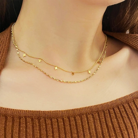 Double Layer Necklace 18K Gold Plated Stainless Steel Rhombus Sequin Charms Petal Chain Clavicle Chain For Women