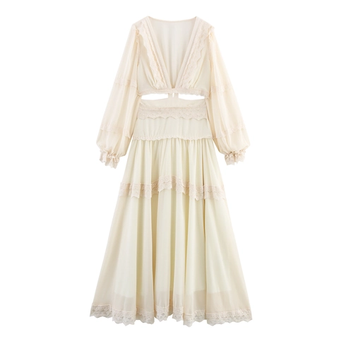 Elegante Maxi-jurk Chiffon Kant V-hals Lange Mouwen Taille-uitsparing Gelaagd Boheems Vakantiestijl Voor Dames