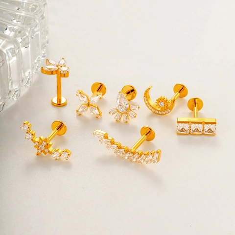 Bijoux De Piercing Labret En Titane G23 Zircon Dos Plat Boucle D'oreille Cartilage Tragus Helix Lune Étoile Fleur Femmes