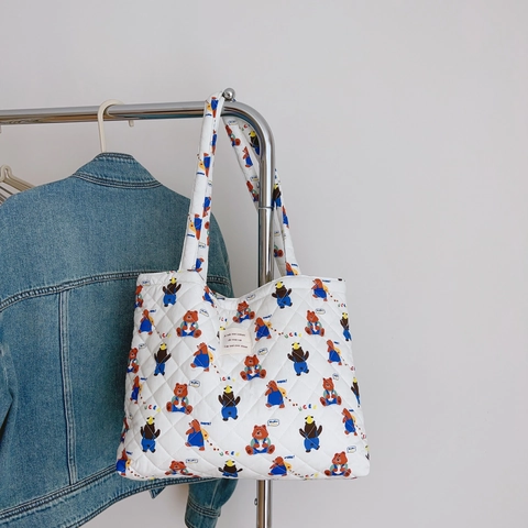Quilted Cotton Tote Bag Women Cartoon Bear Rabbit Animal Print Large Capacity Canvas Handbag Casual Shoulder Bag