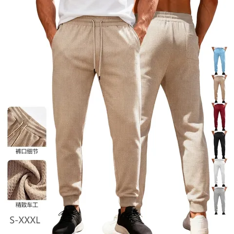 Men Jogger Sweatpants Waffle Knit Breathable Drawstring Elastic Waist Casual Sports Trousers With Pockets Solid Color