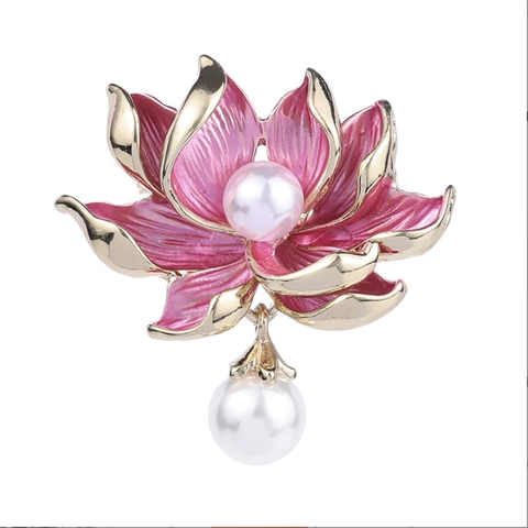 Vintage Enamel Flower Brooch Pin For Women Elegant Zinc Alloy Lotus Rose Tulip Brooch With Pearl Rhinestone Decorative Jewelry Gift
