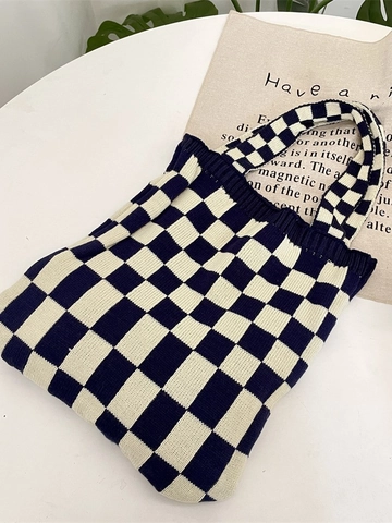 Stricktasche Damen Schachbrettmuster Schultertasche Große Kapazität Handtasche Lässiger Retro Streetwear Polyester Shopper