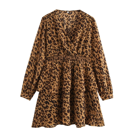 Luipaardprint Mini-Jurk Polyester V-Hals Lange Mouwen Ruchezoom Hoge Taille Vintage Stijl Voor Dames