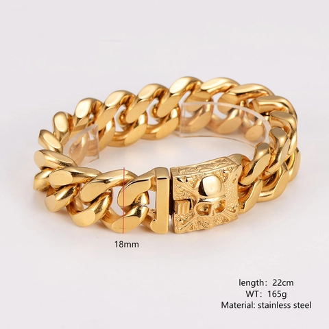 Bracciale A Catena Cubana Da Uomo In Acciaio Inossidabile 304 Placcato Oro 18K Con Fibbia A Teschio