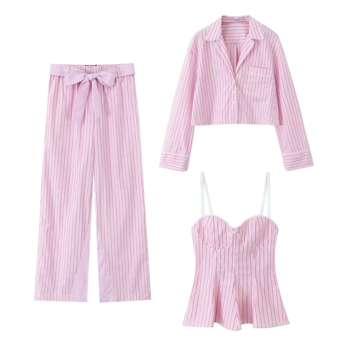 Dames Roze Wit Gestreept Shirt Camisole Wijde Pijpen Broek Kant Lange Mouwen Streetwear Casual Outfit