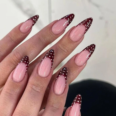 Uñas Postizas Press On Forma De Almendra Largas Diseño Francés De Lunares Marrón Plástico ABS Brillante