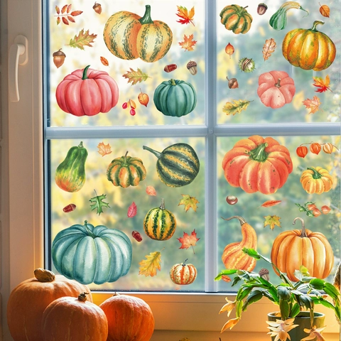 Thanksgiving Window Clings Autumn Pumpkin Maple Leaves Double Sided Static PVC Stickers Glass Decoration Watercolor Style
