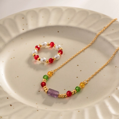 Stainless Steel Beaded Necklace With Purple Geometric Stone Colorful Crystal Beads Ins Style For Women