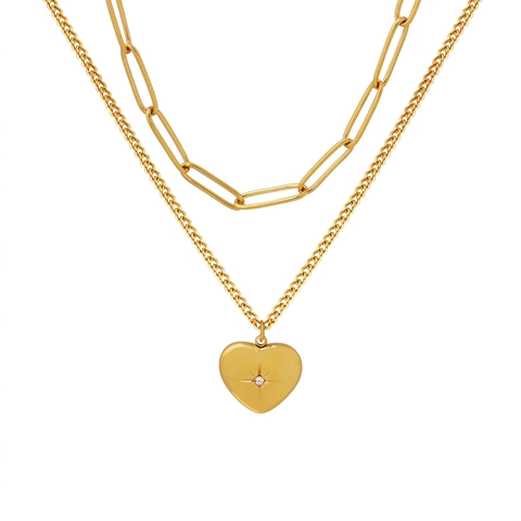 Double Layer Heart Pendant Necklace Titanium Steel 18K Gold Plated Zircon Starburst Paperclip Chain For Women