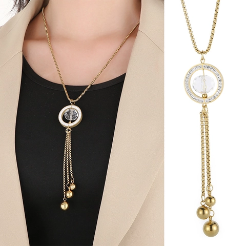 Collana Lunga Con Pendente Nappa Acciaio Inossidabile Titanio Strass Cristallo Catena Maglione Gioielli Eleganti Per Donna