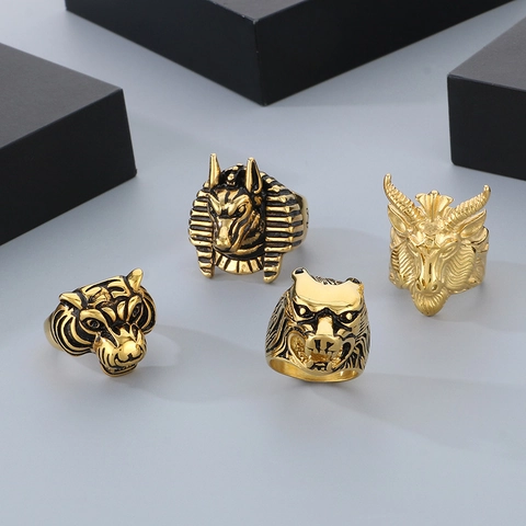 Mens Vintage Punk Gothic Animal Head Rings Stainless Steel Tiger Wolf Sheep Anubis 3D Embossed Biker Zodiac Jewelry