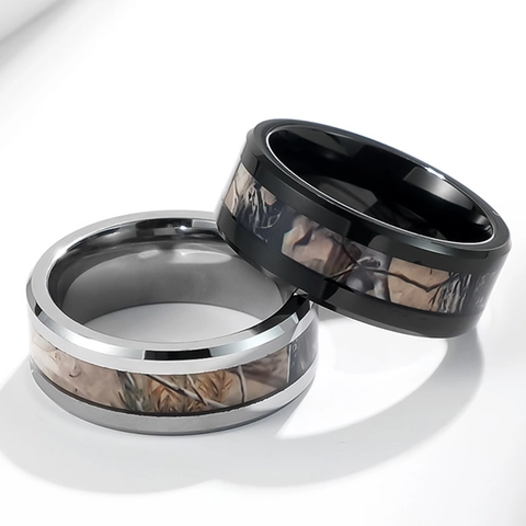 Anillo De Hombre De Acero De Tungsteno Con Incrustación De Camuflaje Banda Pulida
