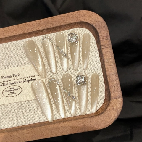 Faux Ongles Press On Fait Main Long Stiletto Cristal Strass Diamant Chaînes Scintillant Luxe Style Français Femmes