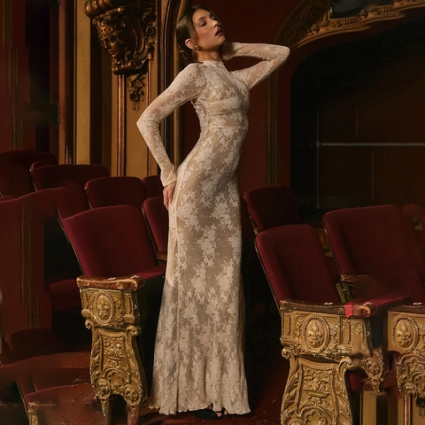 Elegante Abito Lungo In Pizzo Bianco Da Donna Maniche Lunghe Floreale Trasparente Silhouette Aderente