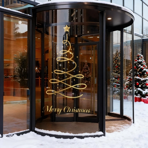 Gold Christmas Tree Window Sticker Static Cling Glass Door Decal Merry Christmas Lettering PVC Double Sided Festive Decor