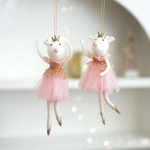 Ornamento Appeso Natale Topo Ballerina Feltro Peluche Gonna Tutù Rosa Corona Dorata Paillettes Decorazione Albero