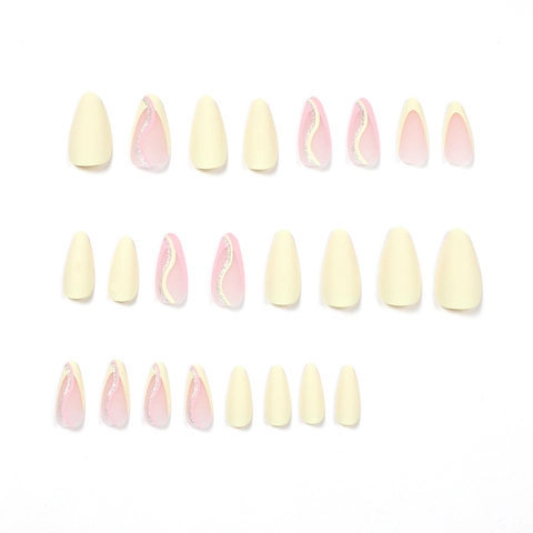 Faux Ongles À Presser Français Forme Amande Mat Jaune Rose Lignes Ondulées Pailletées Ongles Artificiels Pour Femmes