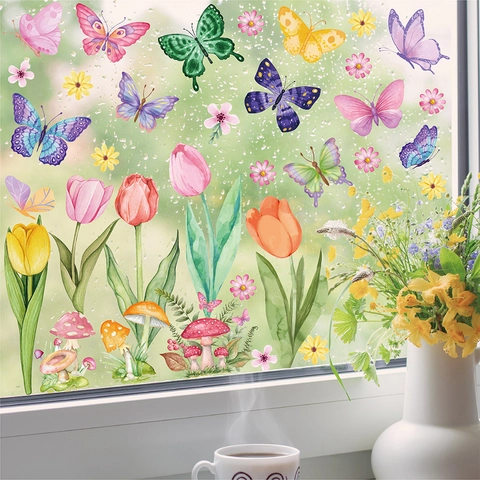 Spring Flower Window Clings Static PVC Double Sided Butterfly Sunflower Hummingbird Glass Decor Stickers Watercolor Home Decor