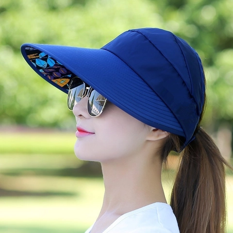 Women Sun Visor Hat Empty Top Wide Brim UV Protection Polyester Floral Print Artificial Pearl Flower Decor Breathable Summer Beach