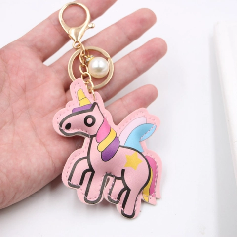 Llavero de Unicornio de Cuero PU Rosa Con Perla Artificial Encanto Lindo Animal de Dibujos Animados Colgante de Bolso Mujer