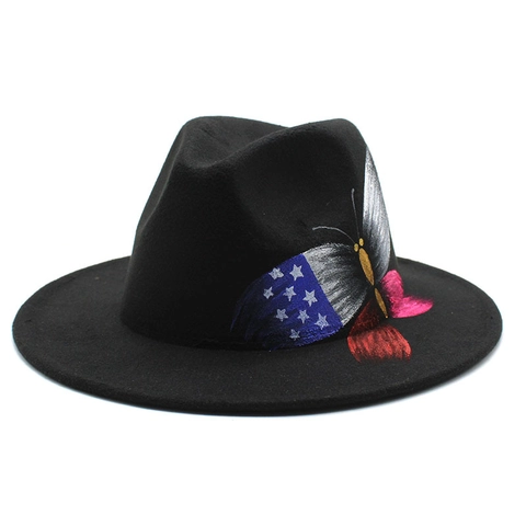 Fedora Hat Wool Felt Wide Brim Hand Painted Butterfly Feather Print American Flag Jazz Cap For Women And Men