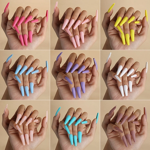 Uñas Postizas Coffin Largas Mate Uñas Artificiales Con Pegamento De Gelatina Y Lima Color Sólido Manicura Ballerina DIY Para Mujeres