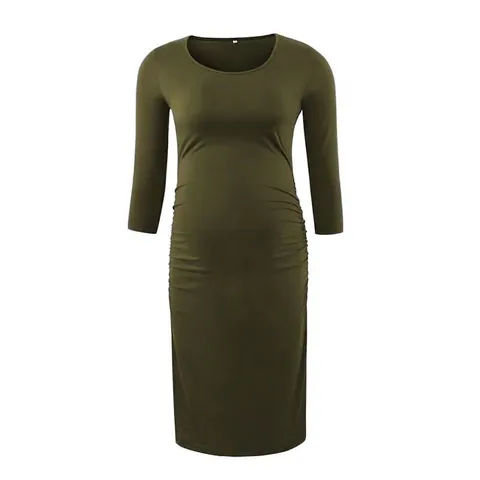 Maternity Dress Ruched Side Long Sleeve Round Neck Bodycon Slim Fit Polyester Solid Color For Pregnant Women