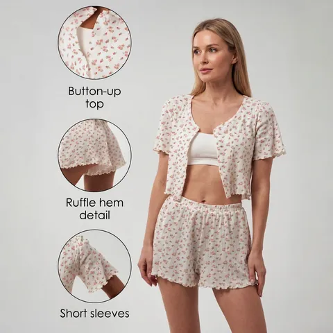 Damen Schlafanzug Kurzarm Hemd Und Shorts Ajourstrick Blumenmuster Rüschensaum Bequeme Loungewear