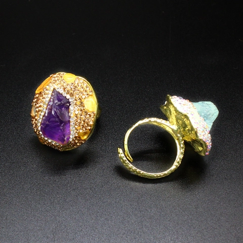 Vintage Natural Amethyst Raw Stone Open Ring For Women Alloy Gold Plated Rhinestone Aquamarine Citrine Fluorite Adjustable Ring