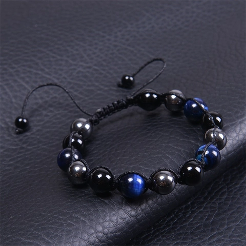 Natural Stone Protection Bracelet Blue Tiger Eye Black Onyx Hematite Beaded Braided Adjustable Jewelry For Men