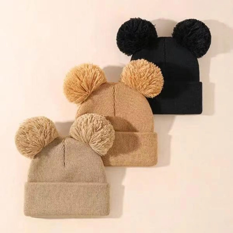 Acryl Gebreide Mutsen Met Dubbele Pompons Ribgebreid Warme Wintermutsen Voor Peuters Baby's