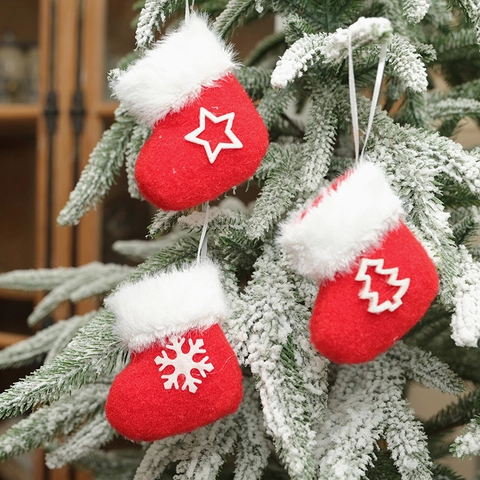 Mini Christmas Stocking Ornaments With Snowflake Star And Christmas Tree Patterns Red Felt And White Faux Fur Hanging