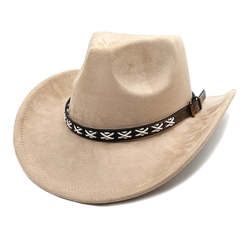 Cappello Da Cowboy Western Scamosciato Tesa Larga Stile Etnico Con Fascia In Pelle Decorativa Punto Croce Retrò Unisex Fedora