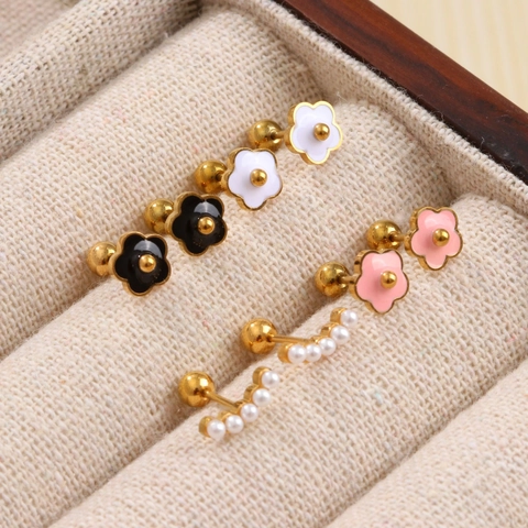 Titanium Steel Flower Artificial Pearl Ear Studs 18K Gold Plated Screw Back Ball End Anti Loss Cartilage Piercing For Women