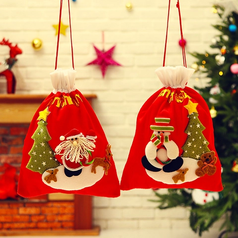 Weihnachtsgeschenkbeutel Samtstoff 3D Cartoon Stickerei Weihnachtsmann Schneemann Rentier Kordelzugbeutel Party Deko