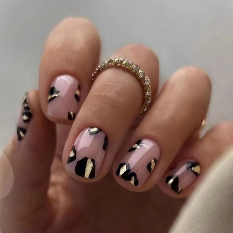 Leopard Print Press On Nails Short Square Round Nude Pink Artificial False Nails Glossy Finish With Gold Foil