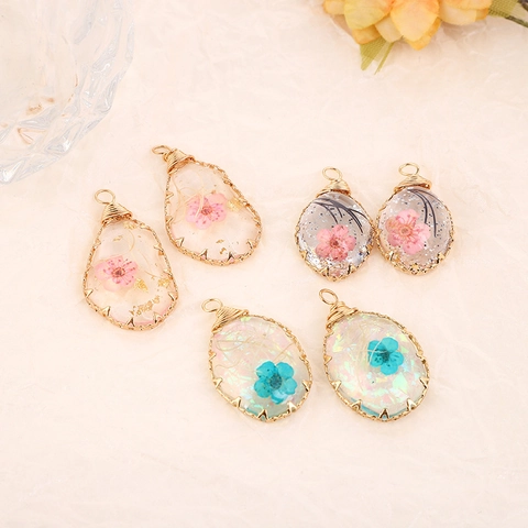 DIY Charms Handmade Resin Dried Flower Gold Foil Alloy Wrapped Oval Teardrop Pendants For Jewelry Making Accessory
