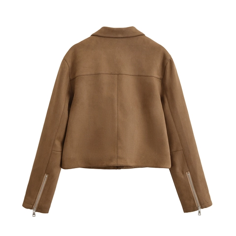 Women Casual Faux Suede Jacket Lapel Metal Zipper Cropped Outerwear Solid Color Long Sleeve Streetwear Fashion Brown Coat