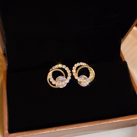 Geometric Double Circle Stud Earrings With 925 Sterling Silver Earring Post Gold Plated Zircon Elegant Jewelry For Women