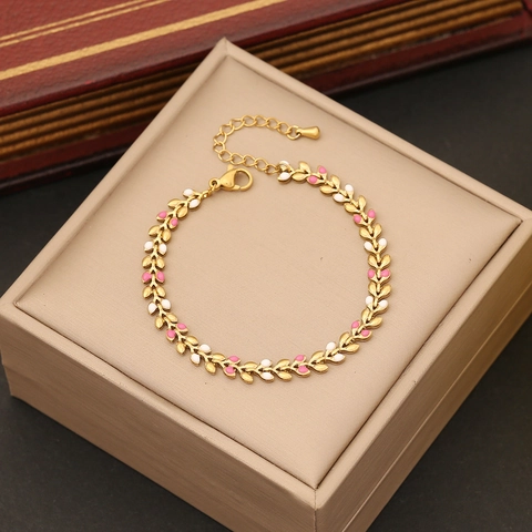 Enamel Leaf Bracelet Stainless Steel Gold Plated Colorful Wheat Ear Chain Jewelry For Women Adjustable Elegant Accessory